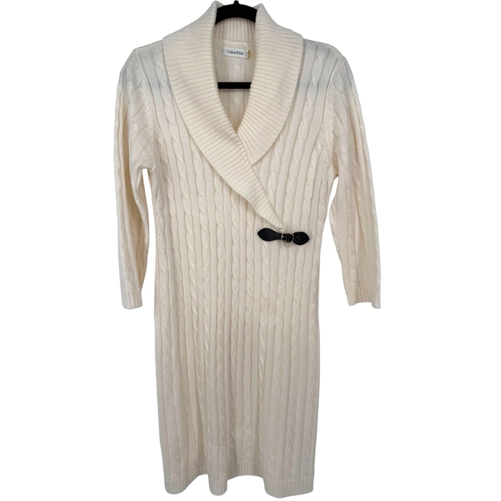 Calvin Klein Women's Cable Knit Shawl Collar Buckle Sweater Dress Ivory Size XL